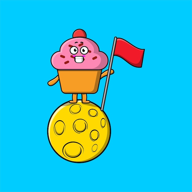 Lindo personaje de cupcake de dibujos animados de pie en la luna con la bandera en la ilustración de diseño moderno 3d