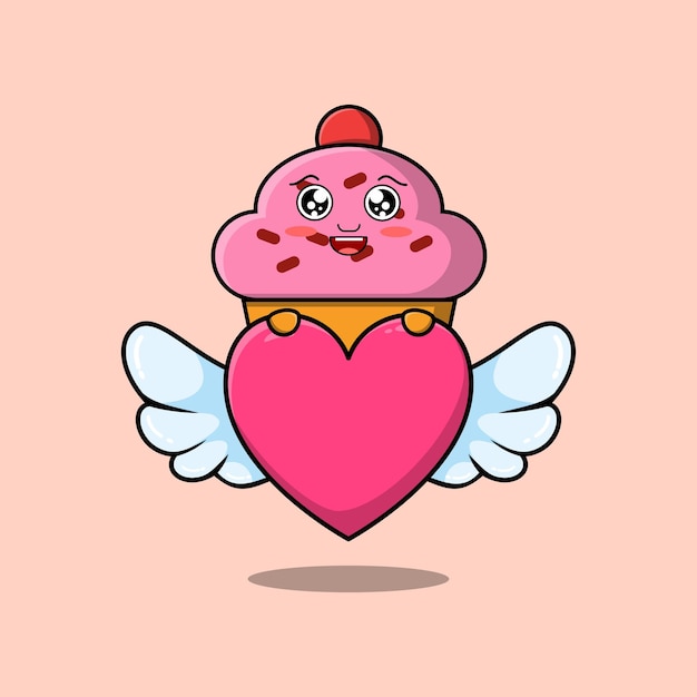 Lindo personaje de cupcake de dibujos animados que oculta el corazón en una ilustración de estilo de dibujos animados plana