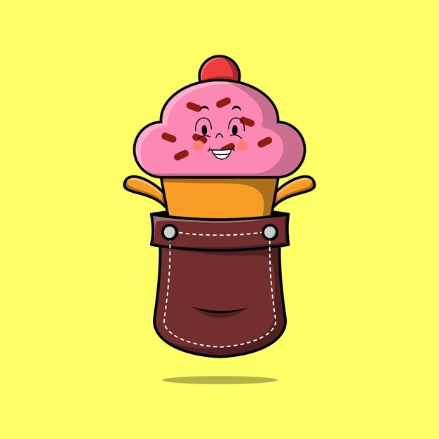 Lindo personaje de cupcake de dibujos animados que sale del bolsillo se ve tan feliz