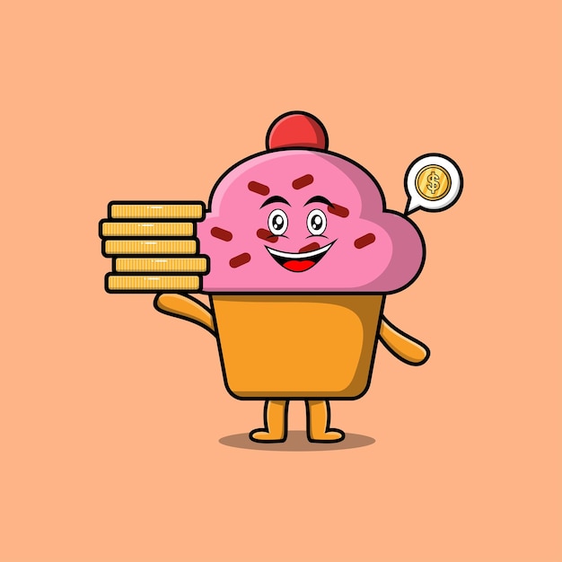 Lindo personaje de Cupcake de dibujos animados sosteniendo en la ilustración de vector de moneda de oro apilada