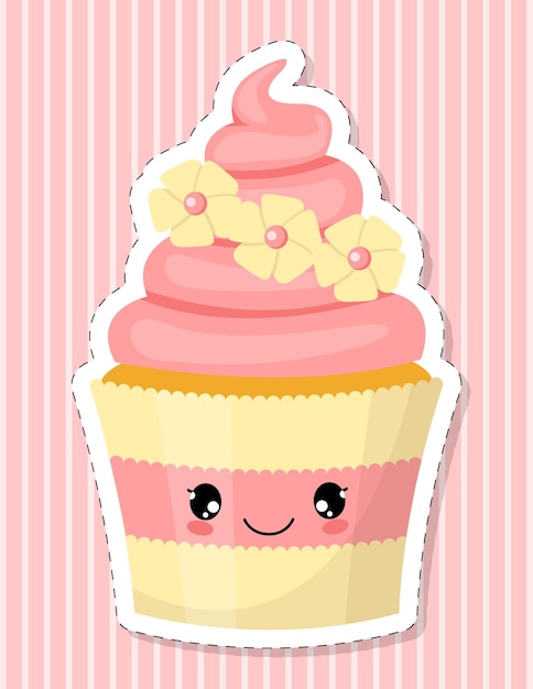 Vector lindo personaje de cupcake. tarta decorada con crema rosa y flores de azúcar