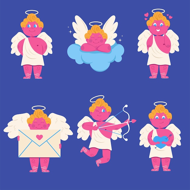 Lindo personaje de Cupido en diferentes poses. Plantilla de feliz día de San Valentín en estilo de dibujos animados