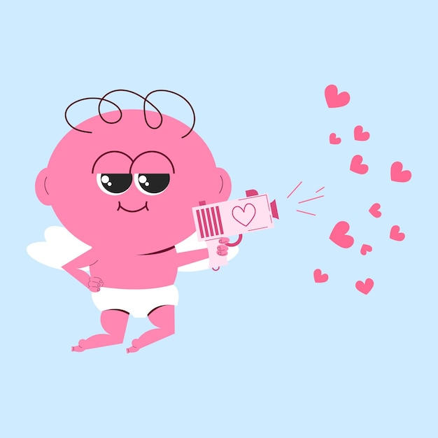 Lindo personaje de Cupido mascota ángel en estilo plano ilustración vectorial Cupido con una pistola de juguete