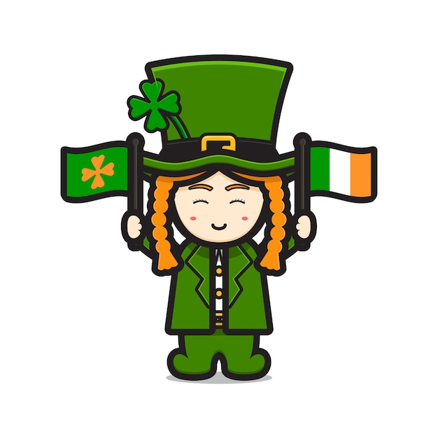 Lindo personaje del día de san patricio de duende con ilustración de icono de vector de dibujos animados de bandera irlandesa