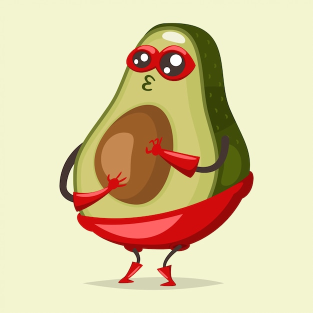 Vector lindo personaje de dibujos animados de aguacate en una ilustración de concepto de vector de traje de superhéroe.