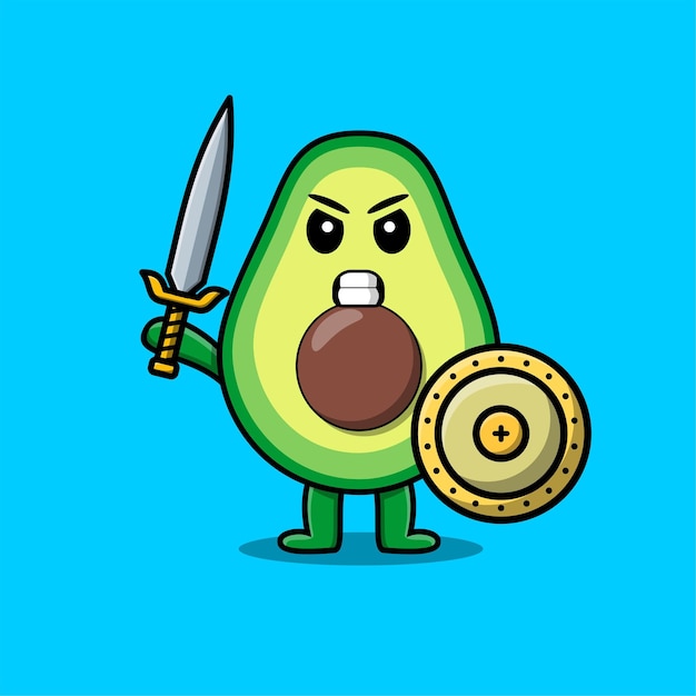 Lindo personaje de dibujos animados Aguacate sosteniendo espada y escudo en un diseño de estilo moderno