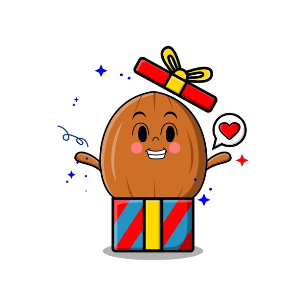Lindo personaje de dibujos animados Almond nut que sale de una gran caja de regalo se ve tan feliz estilo de dibujos animados planos