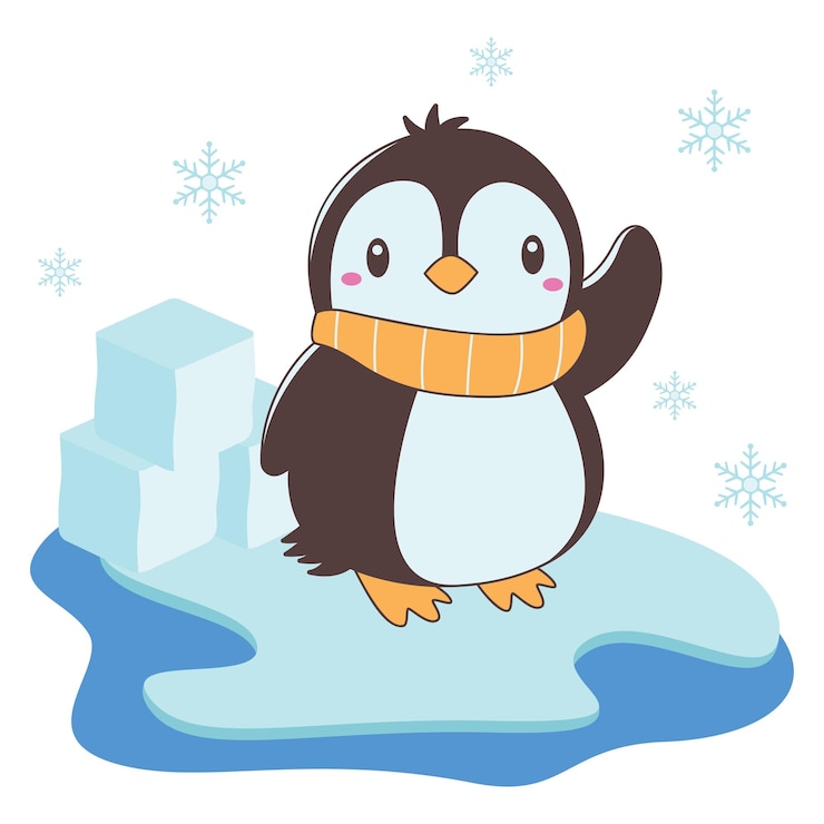 Vector lindo personaje de dibujos animados de animales pingüinos con bufanda de pie en el hielo polar con expresión feliz
