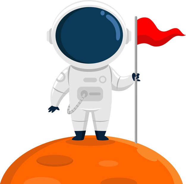 El lindo personaje de dibujos animados astronauta de pie en un planeta y sosteniendo una bandera
