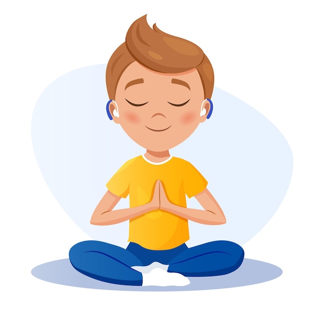 Un lindo personaje de dibujos animados con audífonos practicando yoga