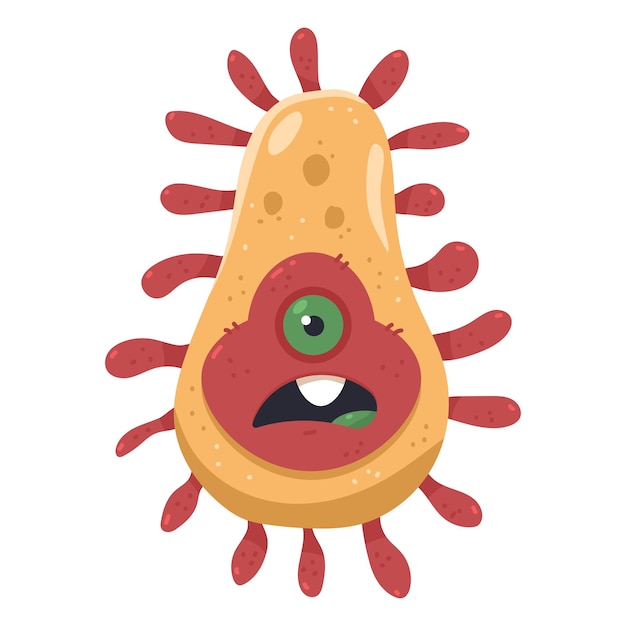 Un lindo personaje de dibujos animados de bacterias vectoras amarillas aisladas sobre un fondo blanco