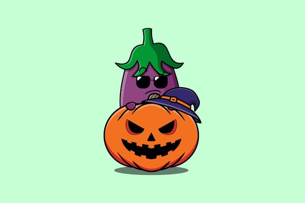 Lindo personaje de dibujos animados de berenjena escondido en calabaza ilustración de halloween en diseño plano moderno