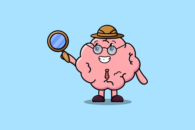 Lindo personaje de dibujos animados brain detective está buscando con lupa