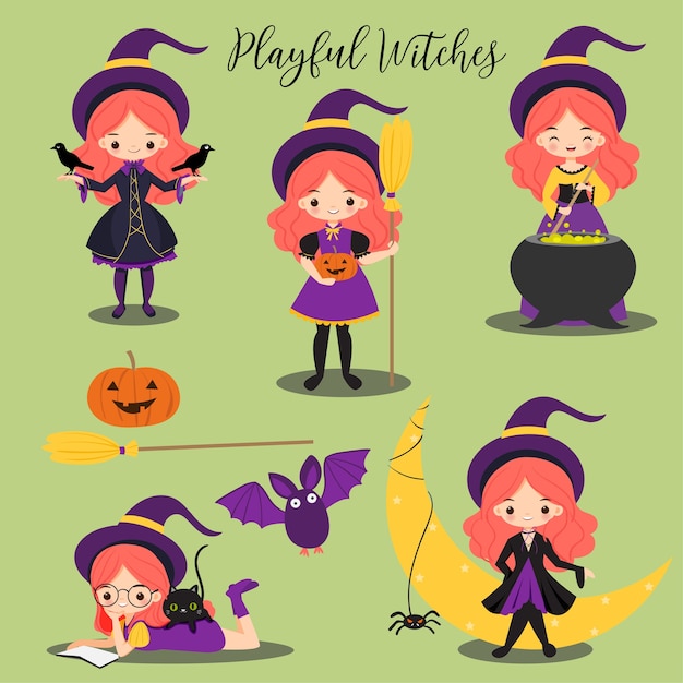 Vector lindo personaje de dibujos animados de brujas y elementos de halloween