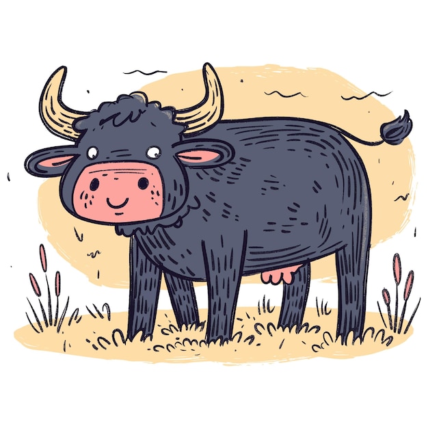 Lindo personaje de dibujos animados de búfalo con estilo de dibujo infantil
