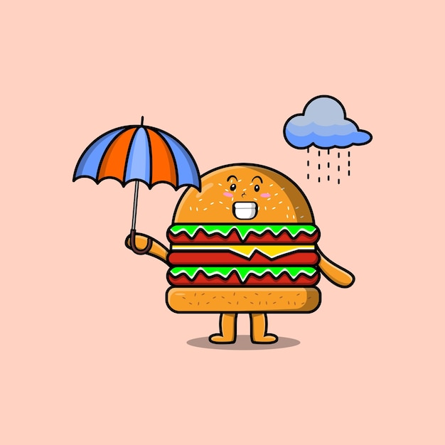 Lindo personaje de dibujos animados Burger bajo la lluvia y usando un paraguas en un diseño plano moderno