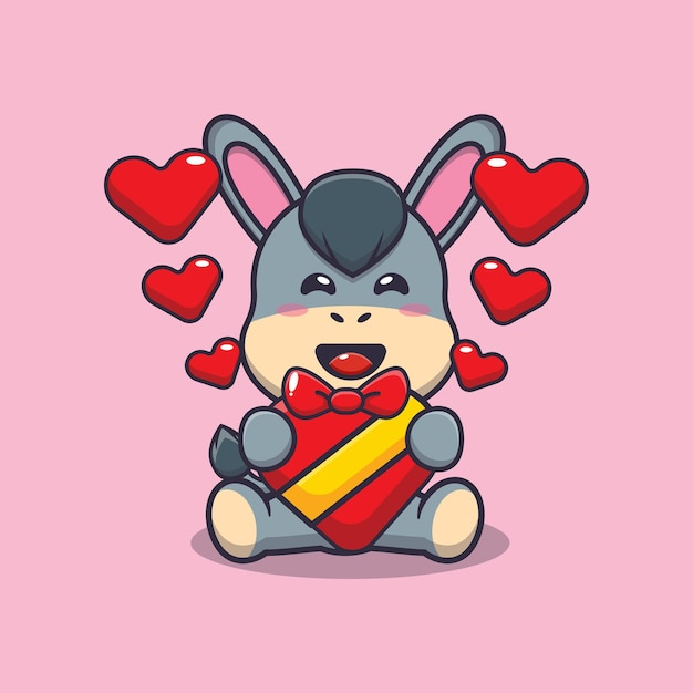 lindo personaje de dibujos animados de burro feliz en el día de san valentín