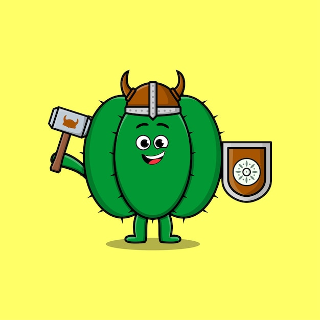 Lindo personaje de dibujos animados Cactus pirata vikingo con sombrero y martillo y escudo