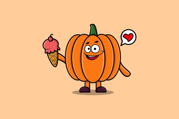 Lindo personaje de dibujos animados de calabaza sosteniendo un cono de helado en una ilustración moderna de estilo lindo
