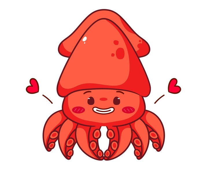 Vector el lindo personaje de dibujos animados de calamares sonrientes, los adorables animales kawaii, el diseño conceptual de la mascota, el vector del logotipo.