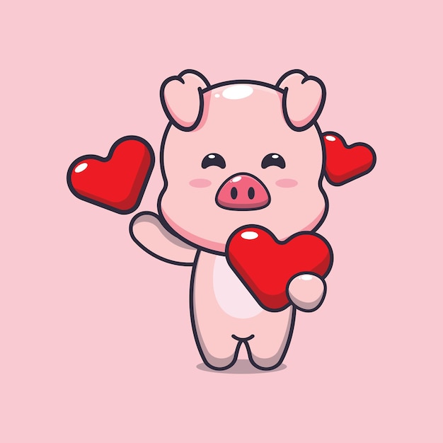 lindo personaje de dibujos animados de cerdo con corazón de amor en el día de san valentín