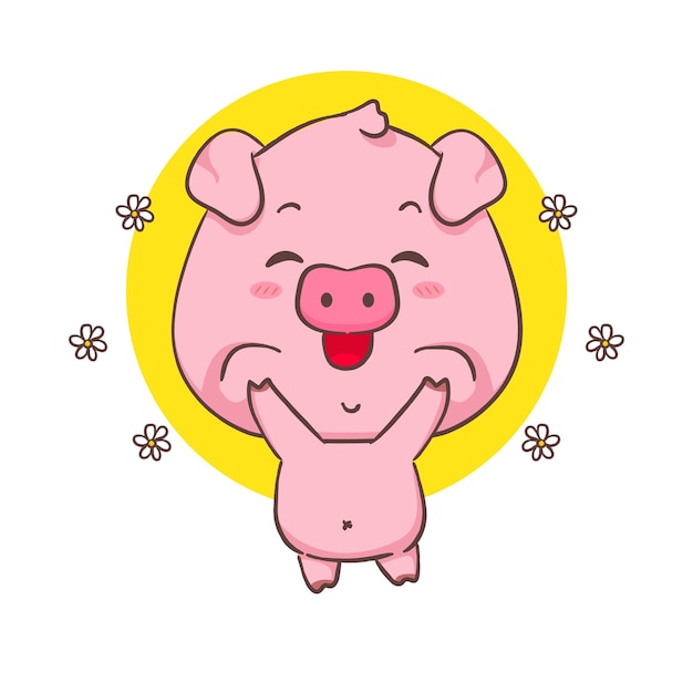 Lindo personaje de dibujos animados de cerdo feliz con flores alrededor Diseño de concepto animal adorable