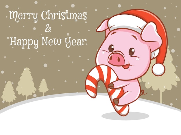 Lindo personaje de dibujos animados de cerdo con feliz navidad y feliz año nuevo saludo banner