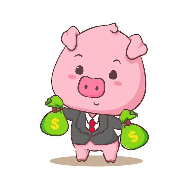 Lindo personaje de dibujos animados de cerdo con traje formal con bolsa de dinero diseño de concepto animal adorable