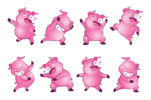 Lindo personaje de dibujos animados de cerdos alegre divertido bailando muchas acciones