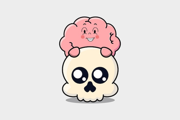 Vector lindo personaje de dibujos animados del cerebro escondido en la ilustración del cráneo en un diseño moderno y plano