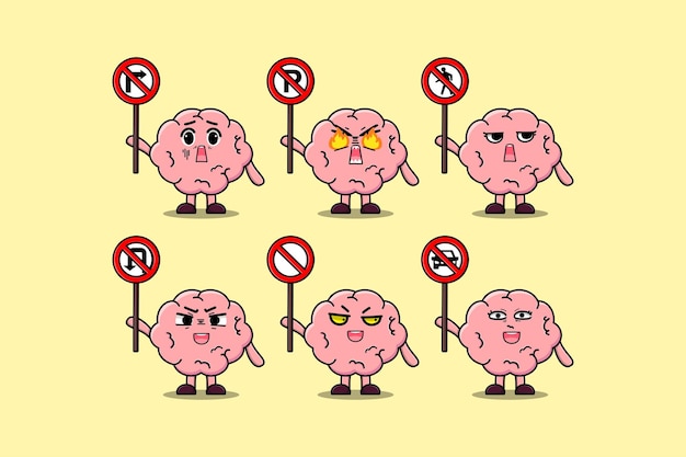 Lindo personaje de dibujos animados del cerebro con ilustración de señales de tráfico en un diseño moderno de estilo 3d