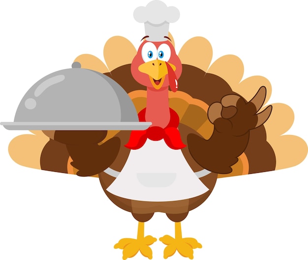Lindo personaje de dibujos animados de chef de pavo sirviendo comida en una bandeja plateada