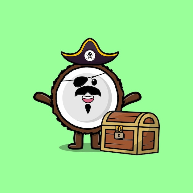 Lindo personaje de dibujos animados Coco pirata con cofre del tesoro en un diseño de estilo moderno