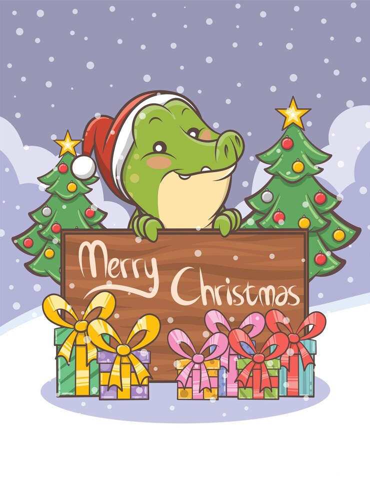 Vector lindo personaje de dibujos animados de cocodrilo - ilustración de navidad