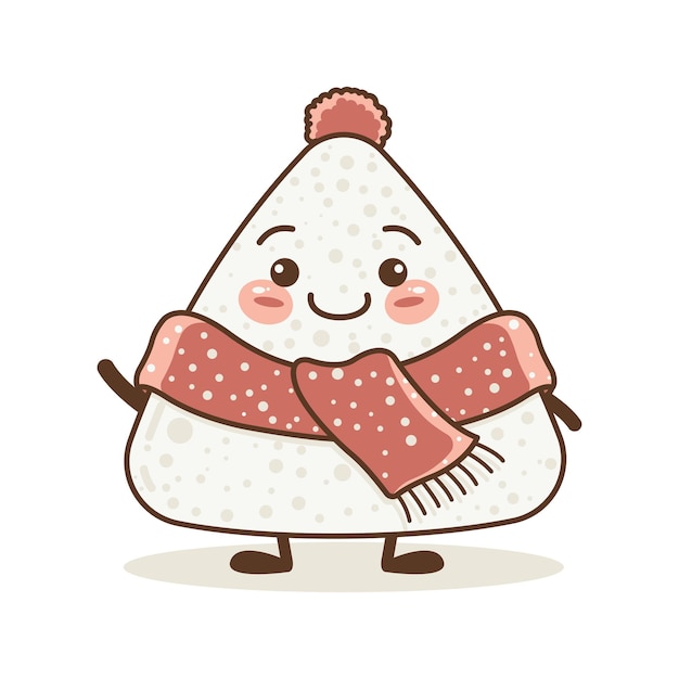 El lindo personaje de dibujos animados de comida japonesa Onigiri Rice con un chal rosa y una expresión de sonrisa