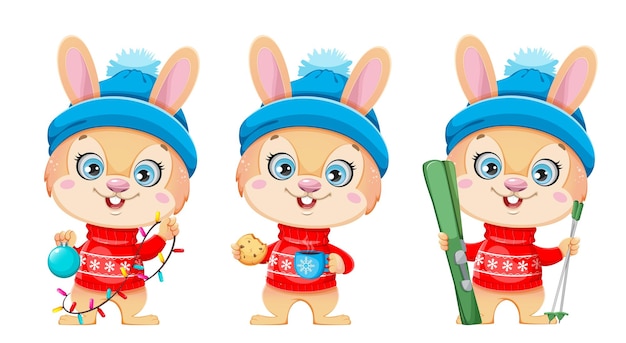 Lindo personaje de dibujos animados conejo conjunto de tres poses