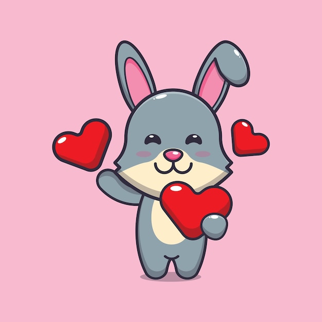 Lindo personaje de dibujos animados de conejo con corazón de amor en el día de san valentín