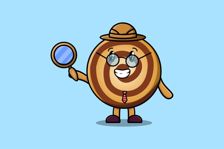 Vector lindo personaje de dibujos animados cookies detective está buscando con lupa