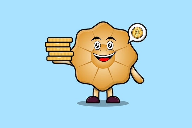Lindo personaje de dibujos animados Cookies sosteniendo en la ilustración de vector de moneda de oro apilada