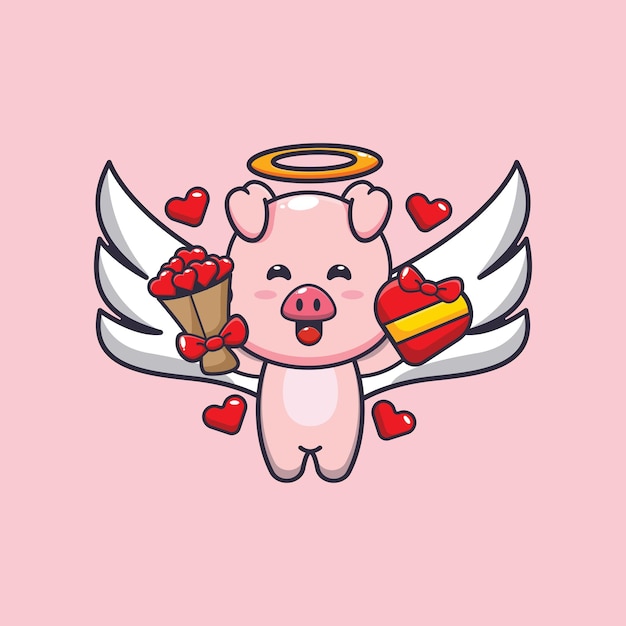 lindo personaje de dibujos animados de cupido de cerdo con regalo de amor y ramo de amor