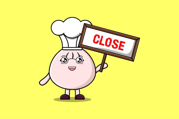 Lindo personaje de dibujos animados Dim sum chef con diseños de letreros cercanos en estilo de dibujos animados planos