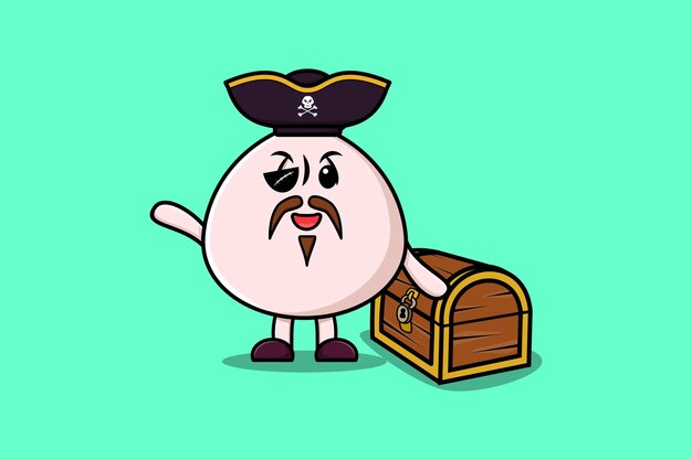 Lindo personaje de dibujos animados Dim sum pirata con caja del tesoro ilustración en diseño de estilo moderno