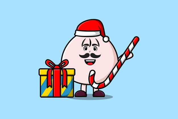 Lindo personaje de dibujos animados dim sum santa claus está trayendo bastones de caramelo y cajas de navidad