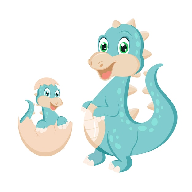 Lindo personaje de dibujos animados de un dinosaurio o dragón. Mamá y bebé dinosaurio