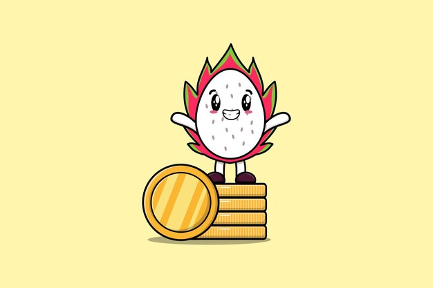 Lindo personaje de dibujos animados Dragon fruit de pie en moneda de oro apilada vector ilustración caricatura plana
