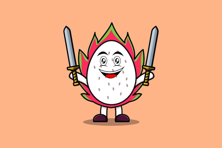 Vector lindo personaje de dibujos animados dragon fruit sosteniendo dos espadas en 3d ilustración de diseño moderno