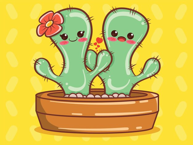 Lindo personaje de dibujos animados e ilustración de pareja de cactus.