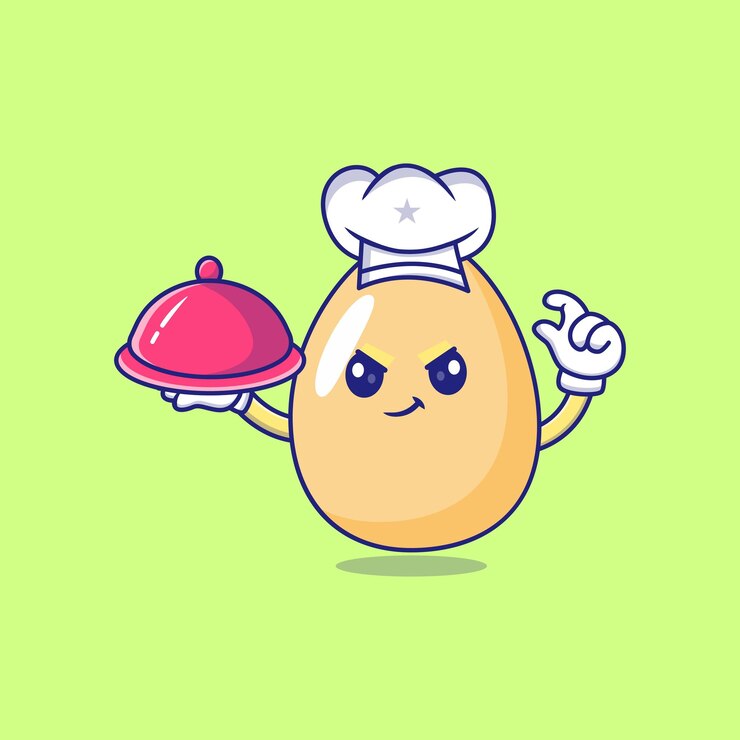 El lindo personaje de dibujos animados de Egg Chef sirviendo comida con una tapa de cúpula