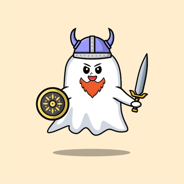 Lindo personaje de dibujos animados fantasma pirata vikingo con sombrero y sosteniendo espada y escudo en un lindo estilo moderno
