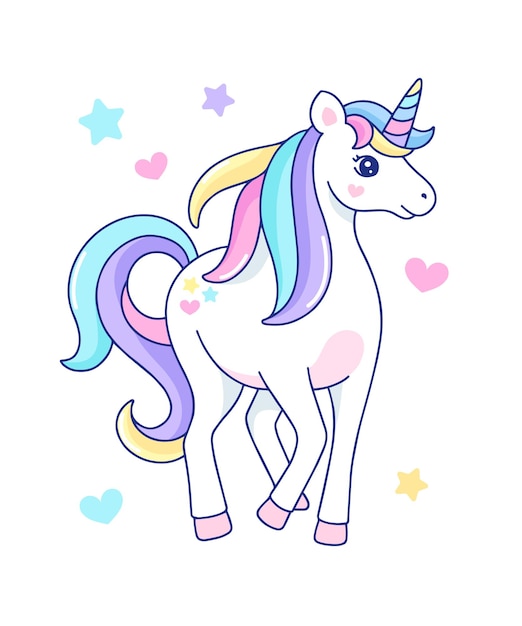 El lindo personaje de dibujos animados, el feliz unicornio mágico.